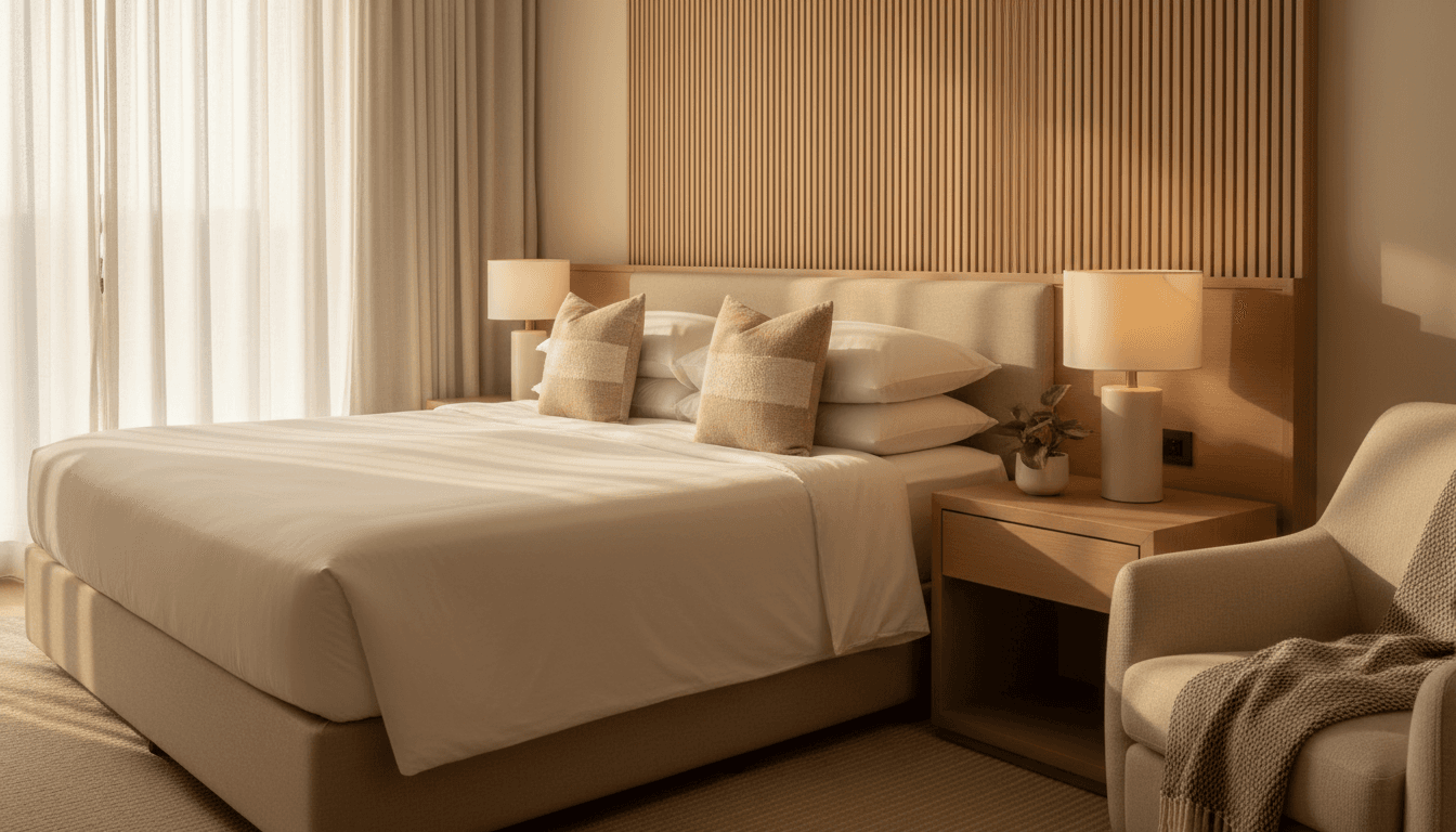 Sunlit hotel guest room with made bed, modern furnishings, and warm neutral décor creating inviting temporary lodging space