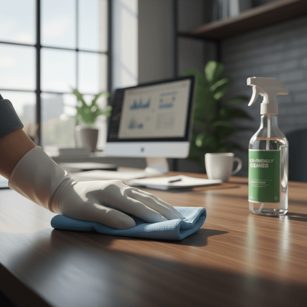 Cleaning professional wearing white gloves wiping wooden desk with microfiber cloth in sunlit modern office