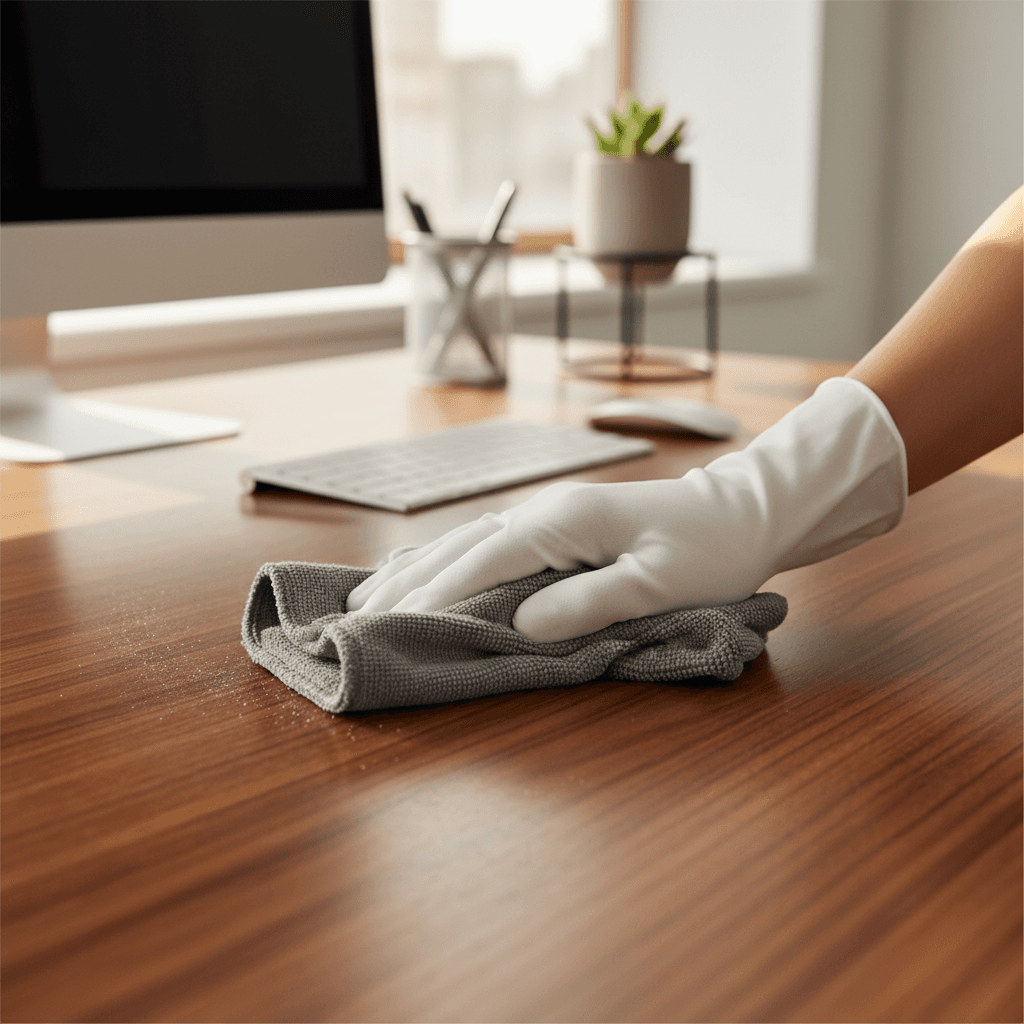 Close-up of professional cleaner's gloved hands carefully dusting and polishing wooden office desk with microfiber cloth